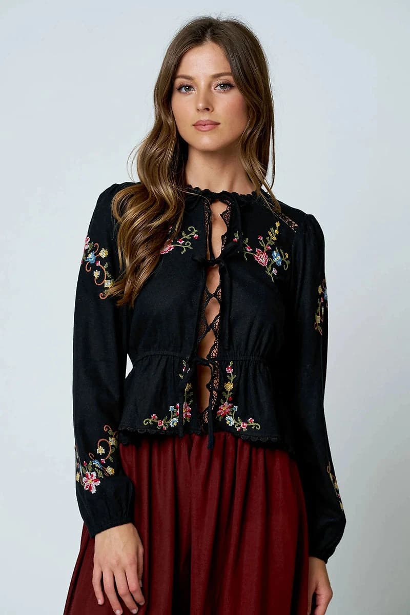 Floral EmbroideryLong Sleeve Blouse