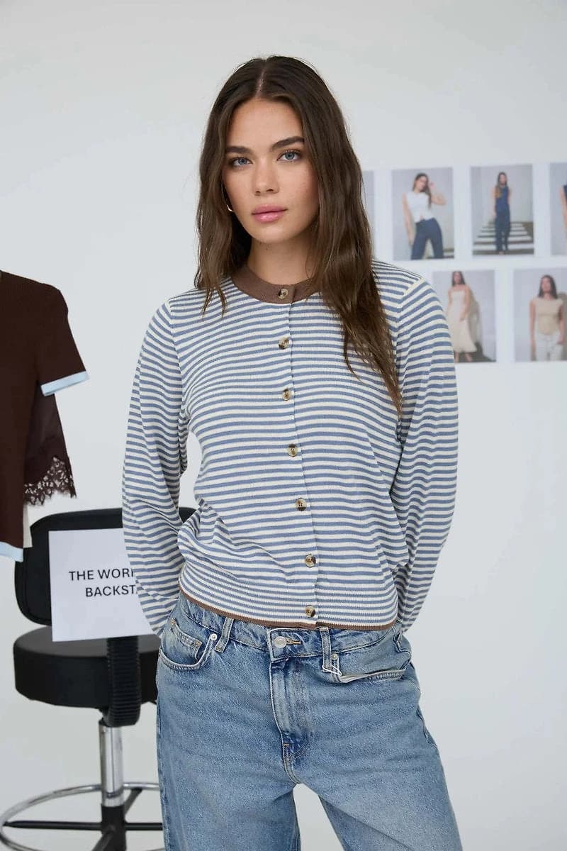 Contrast Trim Striped Cardigan