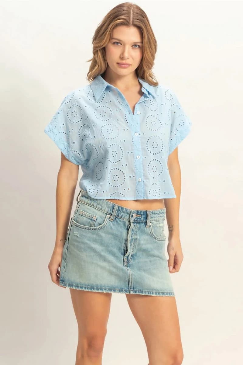 Eyelet Cropped Button Up